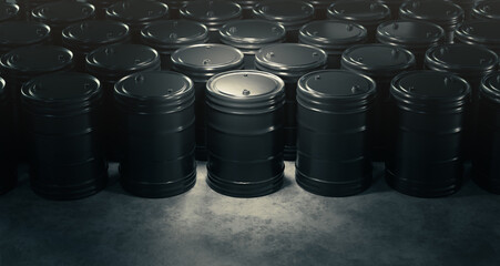 3d Rendering, illustratoion of black oil barrels on a grey background
