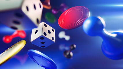 Assorted game board pieces in mid air. 3D illustration, Rendering - 500101779