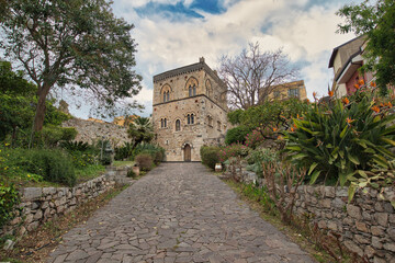 Through the streets of Taormina, a tourist city in Sicily.
