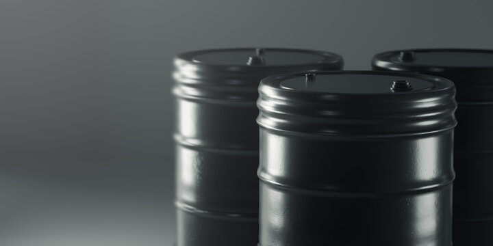 3d Rendering, illustratoion of black oil barrels on a grey background