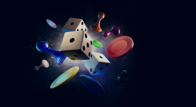 Assorted game board pieces in mid air. 3D illustration, Rendering