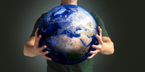 Earth day, Human hands holding blue earth, save earth concept.