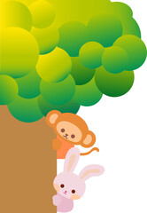 Cute cartoon Monkey and Rabbit hiding behind the tree. Playing hide and seek. Cartoon animal character. Illustration, Vector, EPS10