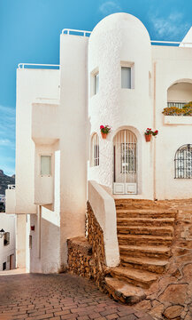 White house town blue window street mojacar