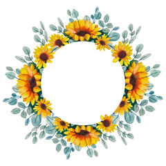 Floral wreath, frame with sunflowers, leaves, with place for your text. Perfect for weddings, quotes, birthday, invitations, greeting cards, print.