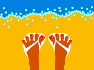 Vector illustration - beautiful female legs with painted nails in white flip-flops are standing on a sandy beach on the seashore near blue water. Concept - leg health and summer vacation