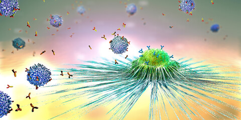 Lymphocytes cell in the immune system reacting and attacking a spreading cancer cell - 3d illustration - obrazy, fototapety, plakaty