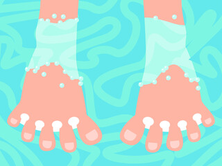 Naklejka premium Vector illustration - two close-up feet in a foot bath in clear blue water. Concept pedicure, relaxation and body care