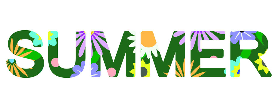 Vector illustration - the word summer with bright green letters with large buds of beautiful flowers and leaves isolated on a white background