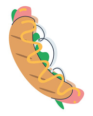 Grilled sausage in a bun with onions and herbs. Fast food. Juicy hot dog. Flat vector illustration. Eps10