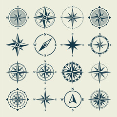 Vintage marine wind rose, nautical chart. Monochrome navigational compass with cardinal directions of North, East, South, West. Geographical position, cartography and navigation. Vector illustration.
