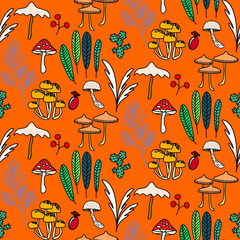 Vector seamless half-drop pattern, with mushrooms and cactus