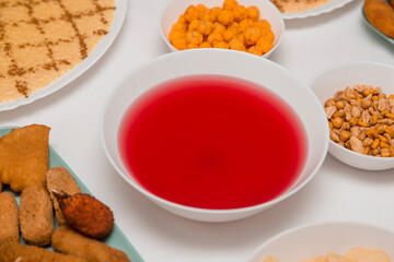 Table with a variety of food for the main meal.