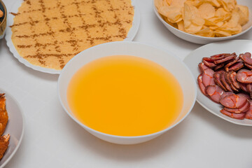 Table with a variety of food for the main meal.