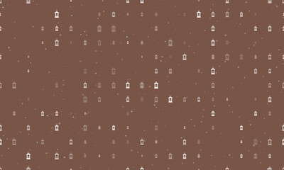 Seamless background pattern of evenly spaced white Christmas lanterns of different sizes and opacity. Vector illustration on brown background with stars