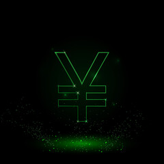 A large green outline yuan symbol on the center. Green Neon style. Neon color with shiny stars. Vector illustration on black background