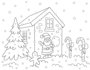 coloring page of santa claus and a 3d christmas house. you can print it on a 8.5x11 inch paper