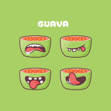 guava cartoon. fruit vector illustration. with different mouth expressions