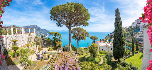 Villa Ravello, Italy; April 18, 2022 - A view from the gardens of Villa Ravello, Italy