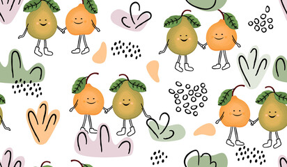 Fototapeta premium Seamless pattern with pears in cartoon style and doodle elements.Smiling fruit characters with legs and handles. Background and texture for printing on fabric and paper.Vector isolated illustration.