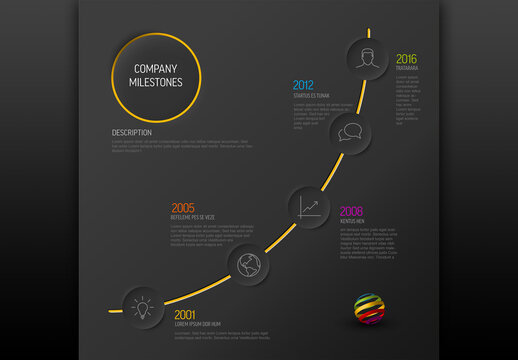 Dark Infographic Diagonal Timeline Layout with Relief Circle Icons
