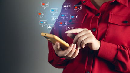 Woman hands using mobile smartphone with icon social media