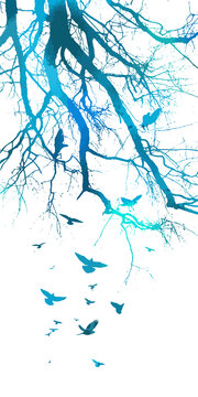 Realistic blue illustration with silhouettes of three birds - crows or ravens sitting on tree branch without leaves and flying, isolated on white background - vector