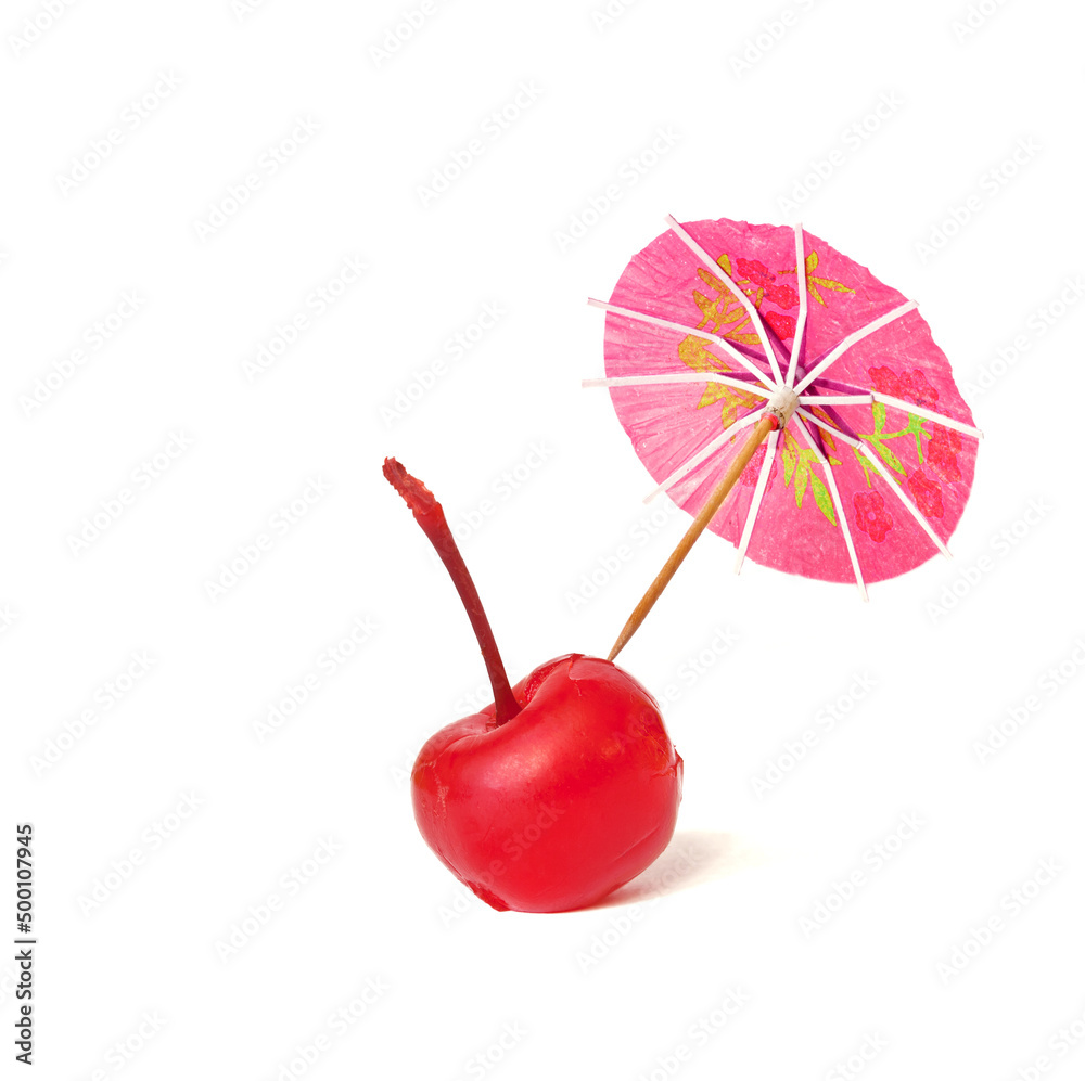 Sticker Tropical beach concept from Cocktail Cherry and sun umbrella. creative minimal summer idea.