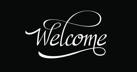Welcome text calligraphic inscription with smooth lines in white color on black background