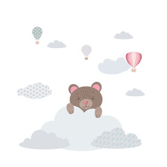 Cute Bear cub on the cloud. The brown bear hides among the clouds. Balloons and airship. Children's illustration, Cute print, vector. Isolated on a white background.