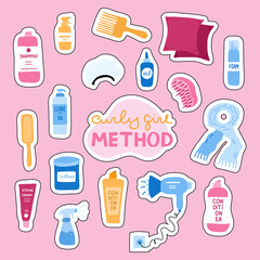 Big set of stickers about Curly Girl Method for planners, notebooks. Ready for print list of cute stickers. Cosmetic products, accessories and bottles for healthy curly, wave hair. Creative clipart.