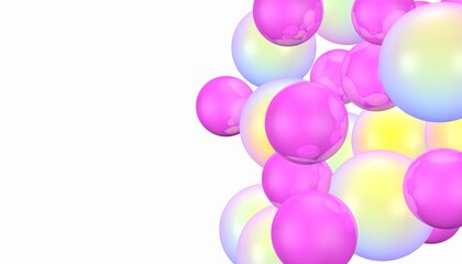 Bright colored 3D bubbles on a white background, with space for text. Abstract animation. 3D render.