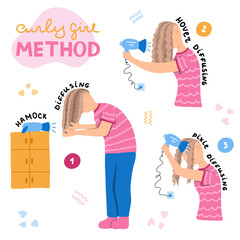 Design concept with different ways for hair drying with diffuser for Curly Girl Method. Women and girls diffuse curly, wavy and frizzy hair. Curly hair routine (pixie, hammock and hover diffusing).