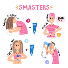 Design concept of hair care process of styling by Curly Girl Method. Woman and girls use smasters method to style and dry curly, wavy and frizzy hair. CGM in steps. Curly hair routine in infographic.