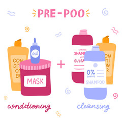 Design concept of cleansing by Curly Girl Method. Different bottles for pre-poo: conditioning and clarifying. Cosmetic products for gently clarifying curly hair. Curly hair routine in infographic.
