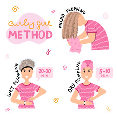 Design concept with different ways of plopping for Curly Girl Method. Women and girls care curly, wavy and frizzy hair. Curly hair routine (micro, dry and wet plopping) for moisturizing or styling.