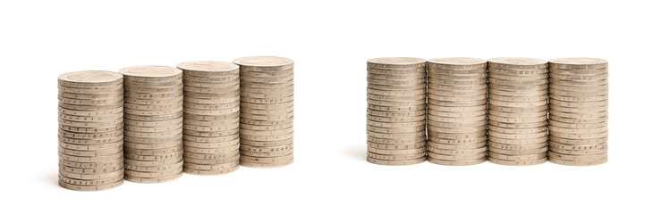 Stacks of coins on a white isolated background. 2 euro coins in a stack.