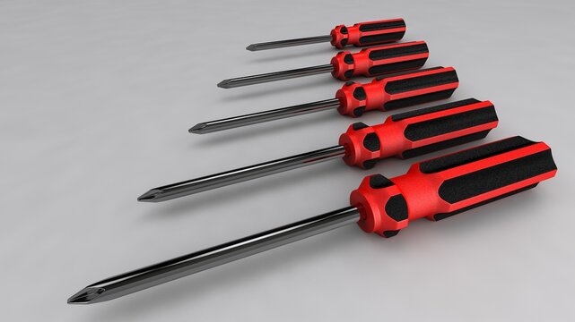 3d illustration. A beautiful view of red screwdriver on a gray blackground. Work tool for repair and fix.