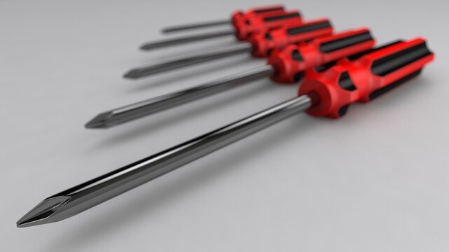 3d illustration. A beautiful view of red screwdriver on a gray blackground. Work tool for repair and fix.