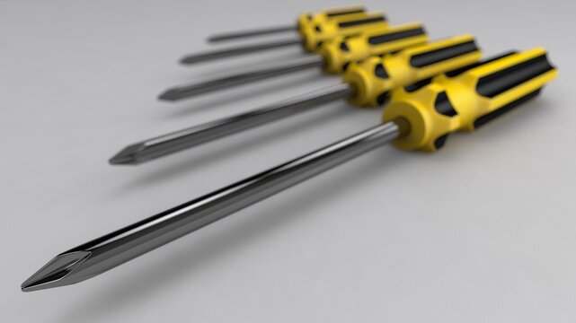 3d illustration. A beautiful view of yellow screwdriver on a gray blackground. Work tool for repair and fix.