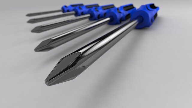 3d illustration. A beautiful view of blue screwdriver on a gray blackground. Work tool for repair and fix.