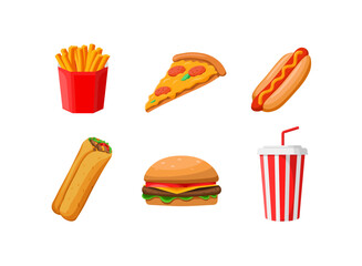 Fast food meals set. Classic burger, french fries pack, hot dog, pizza, burrito, shawarma, soda drink. Flat vector illustration	