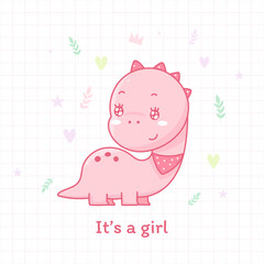 Obraz na płótnie Canvas cute dinosaur cartoon it's a girl for baby shower.