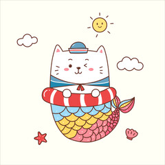 cute cat mermaid sailor for summer time.