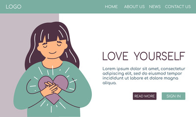 Home sweet home concept flat vector cartoon cute web template landing page website design banner. Happy girl hugs heart hold it in hands. Love to home. Home is where your heart is