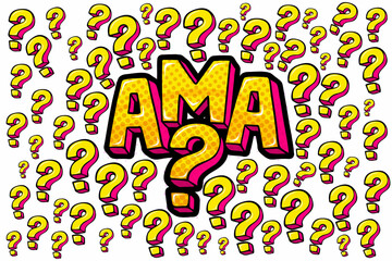 Abbreviation ama Ask me anything in retro comic speech bubble on white background in pop art.