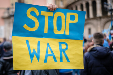 Board No war, Stop war. No war with Ukraine. Ukrainian crisis
