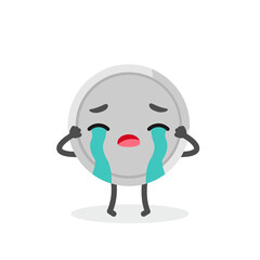 Cute emotional coin cry character. Funny vector cartoon money.