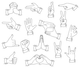 Obraz premium Big set of hands gestures. Vector line art.