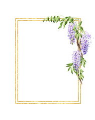 Wisteria flower card,  Hand drawn watercolor illustration, isolated on white background